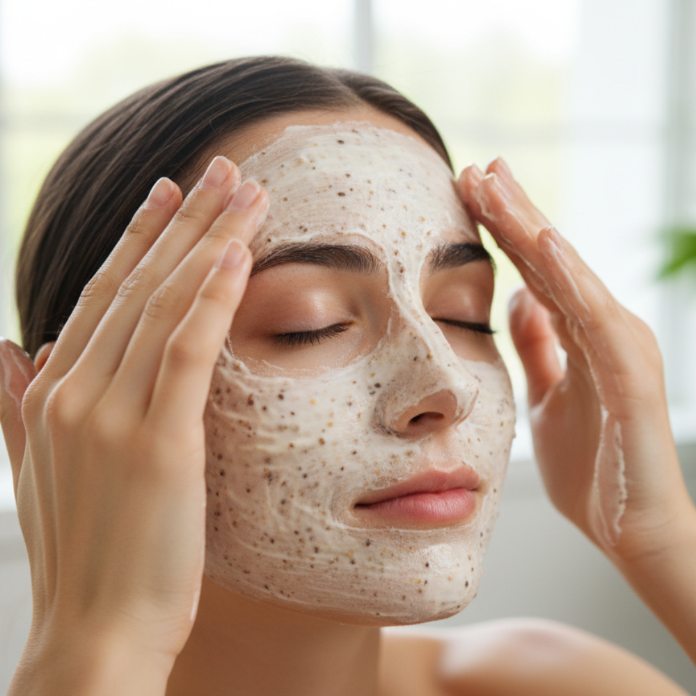 woman using glow facial scrub daily routine bright glowing skin