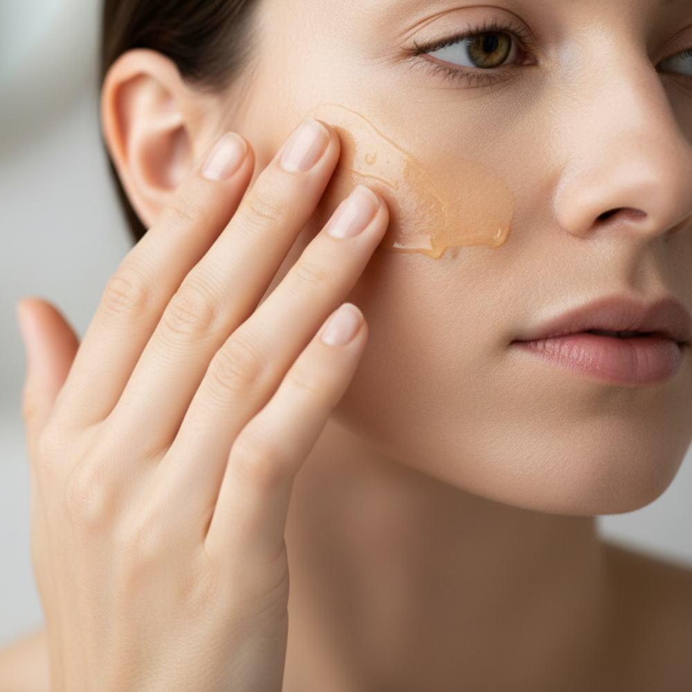 woman using refining oil cleanser removing makeup clear glowing skin