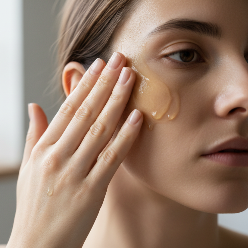 woman using regenerating oil cleanser removing makeup glowing skin